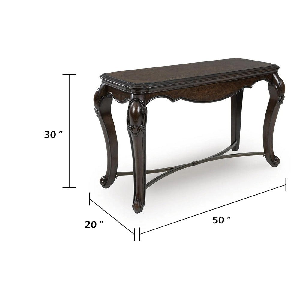 May Sofa Console Table with Ornate Carved Design | Cabriole Legs | Brown Wood 51"