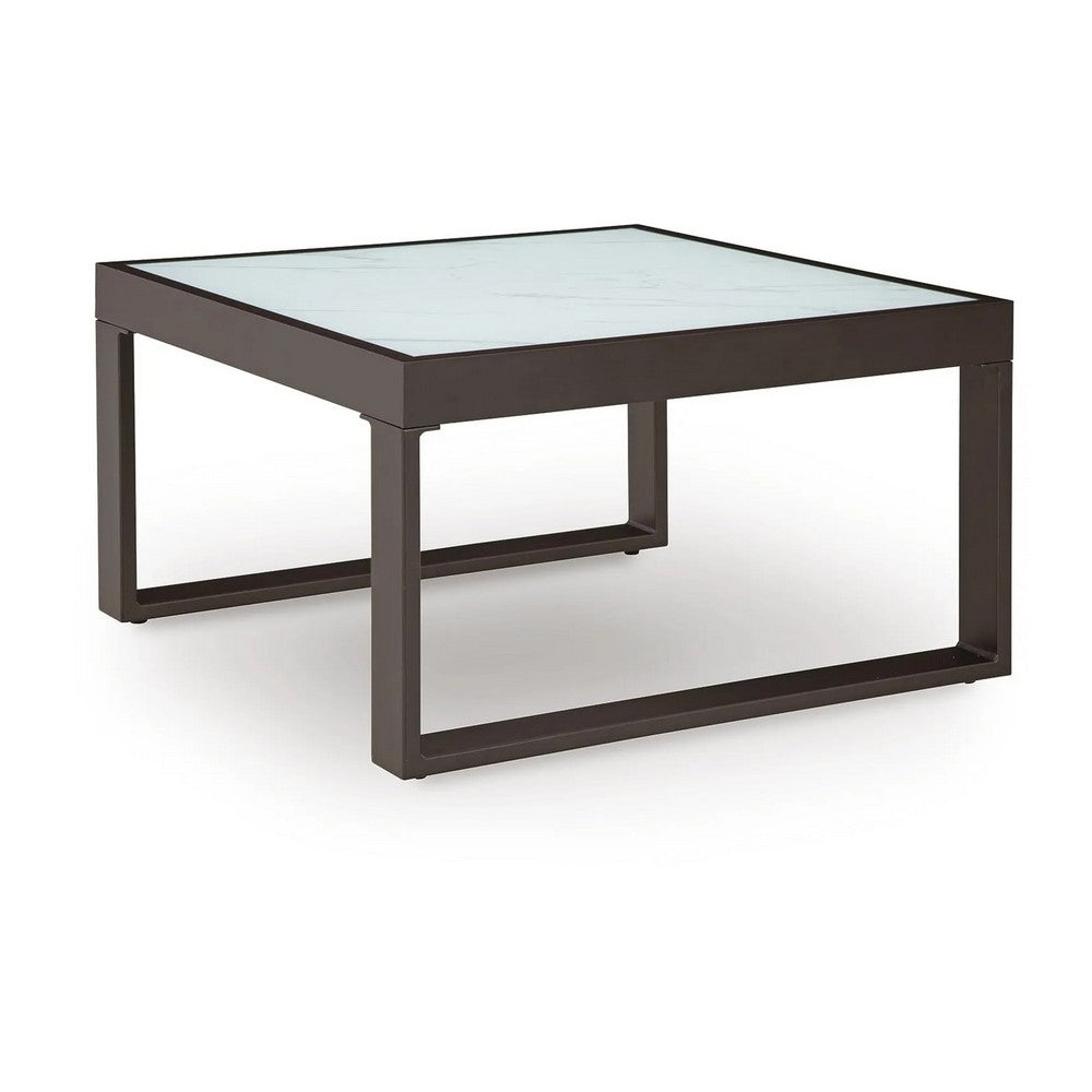 Leca Outdoor Coffee Table | Stone-Look Glass Top | Brown Aluminum 30"