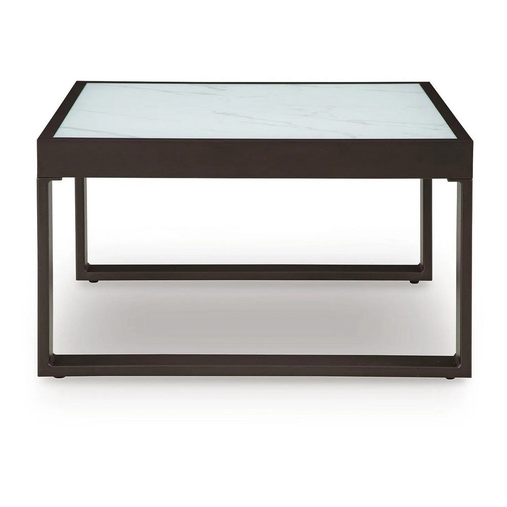 Leca Outdoor Coffee Table | Stone-Look Glass Top | Brown Aluminum 30"