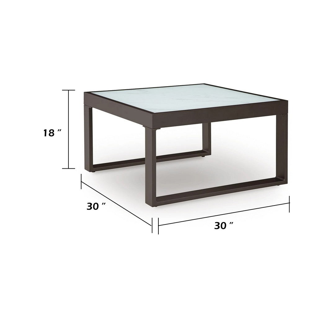Leca Outdoor Coffee Table | Stone-Look Glass Top | Brown Aluminum 30"