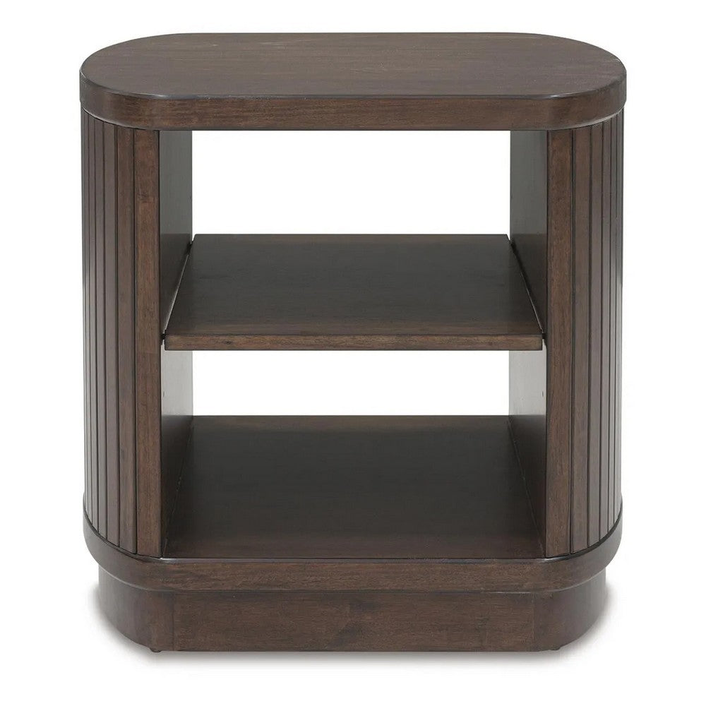 Jeno Fluted Side End Table with Open Shelf Storage | Dark Brown Wood 25"