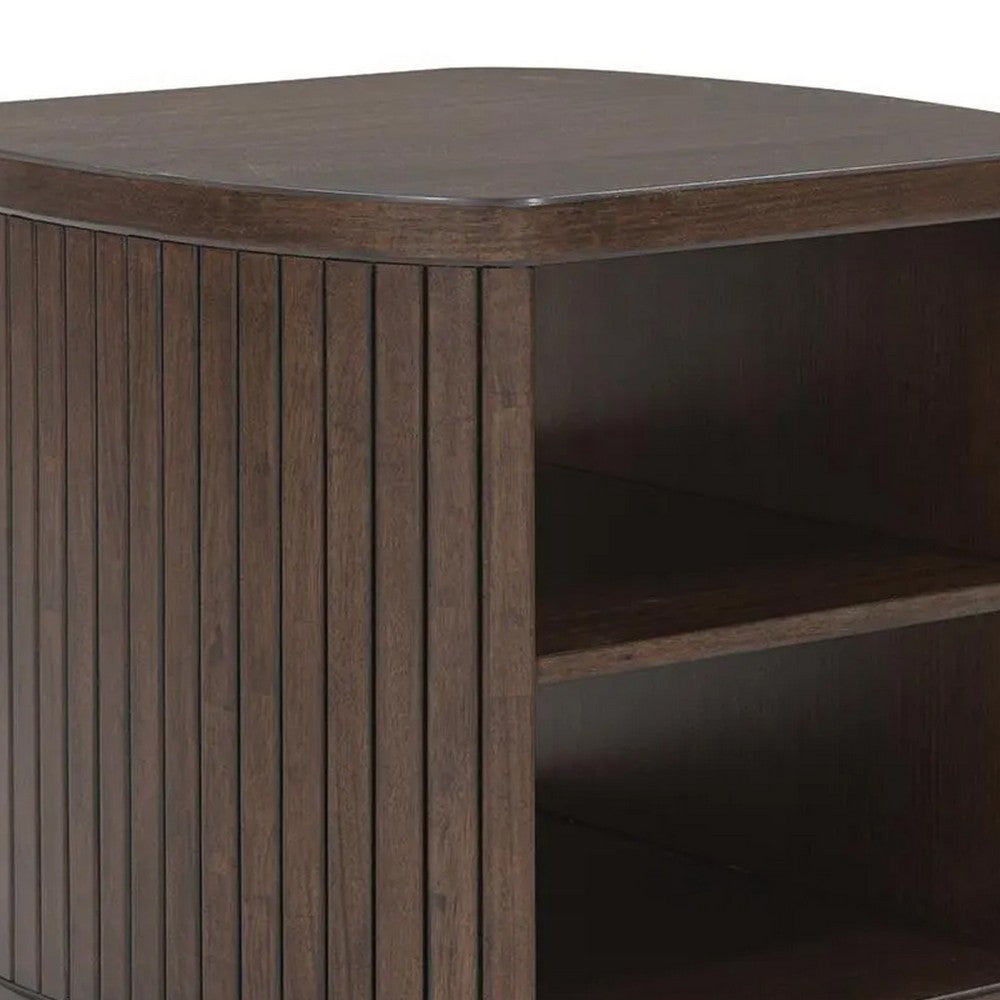 Jeno Fluted Side End Table with Open Shelf Storage | Dark Brown Wood 25"
