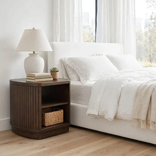 Jeno Fluted Side End Table with Open Shelf Storage | Dark Brown Wood 25"