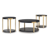 Shyla 3Pc Round Coffee Table Set with Lower Shelf | Black Wood | Brass Metal