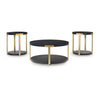 Shyla 3Pc Round Coffee Table Set with Lower Shelf | Black Wood | Brass Metal
