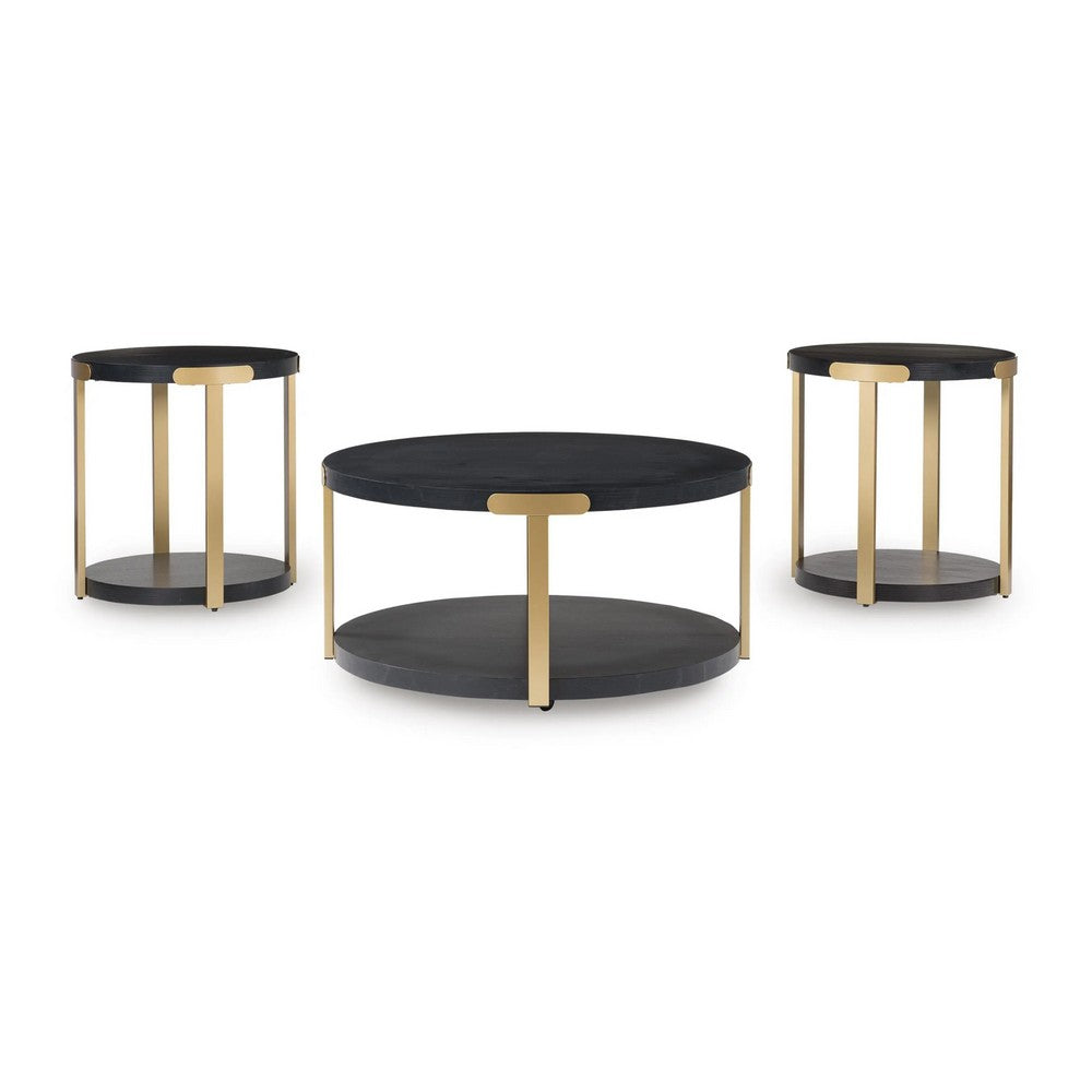 Shyla 3Pc Round Coffee Table Set with Lower Shelf | Black Wood | Brass Metal