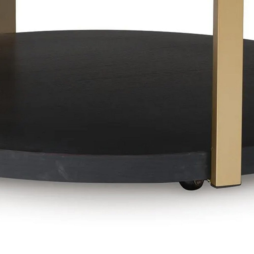 Shyla 3Pc Round Coffee Table Set with Lower Shelf | Black Wood | Brass Metal