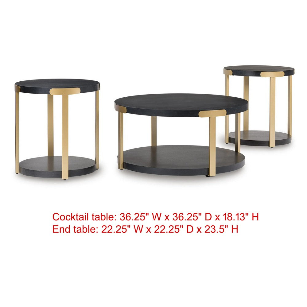 Shyla 3Pc Round Coffee Table Set with Lower Shelf | Black Wood | Brass Metal