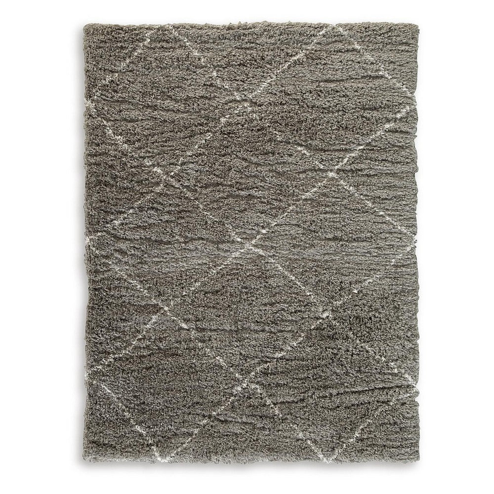 Wreno 8x10 Large Shag Area Rug with Cream Geometric Pattern | Gray PET