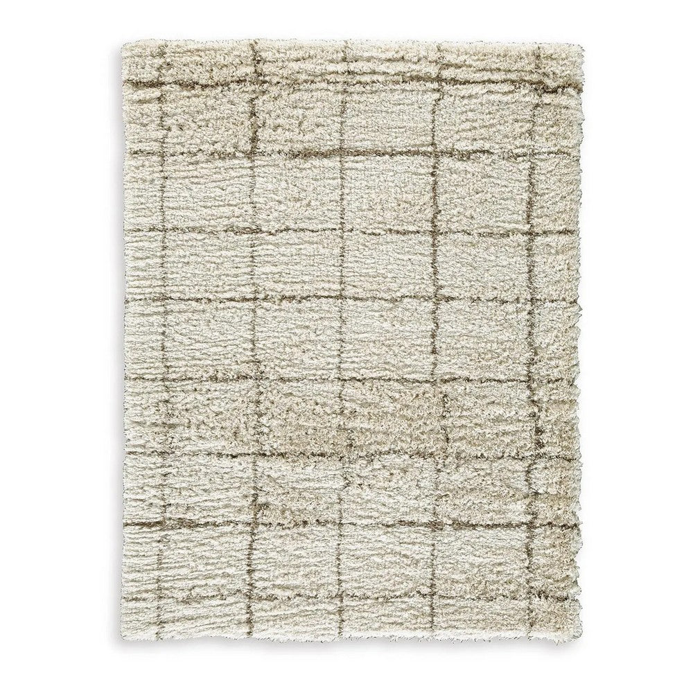 Wreno 8x10 Large Shag Area Rug with Cream Gridwork Pattern | Brown PET