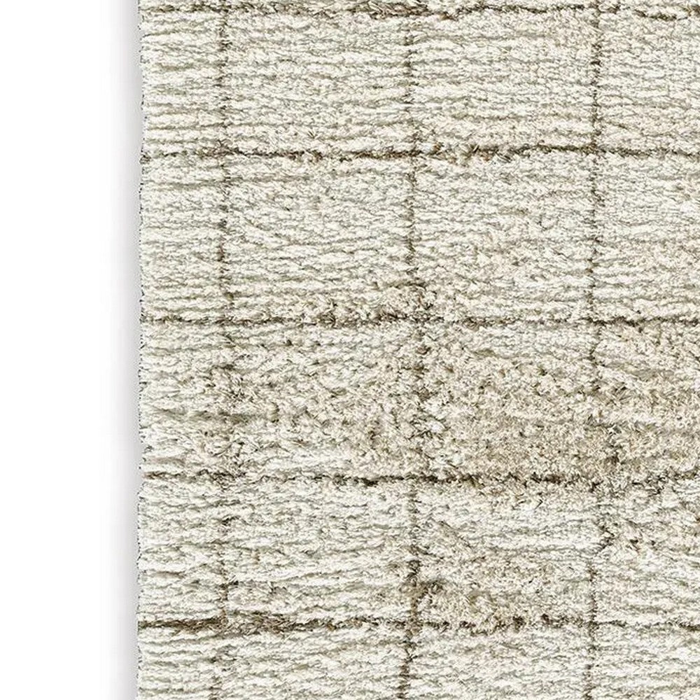 Wreno 8x10 Large Shag Area Rug with Cream Gridwork Pattern | Brown PET