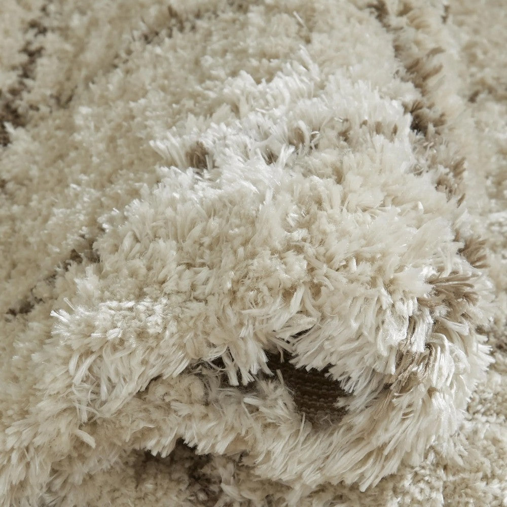 Wreno 8x10 Large Shag Area Rug with Cream Gridwork Pattern | Brown PET