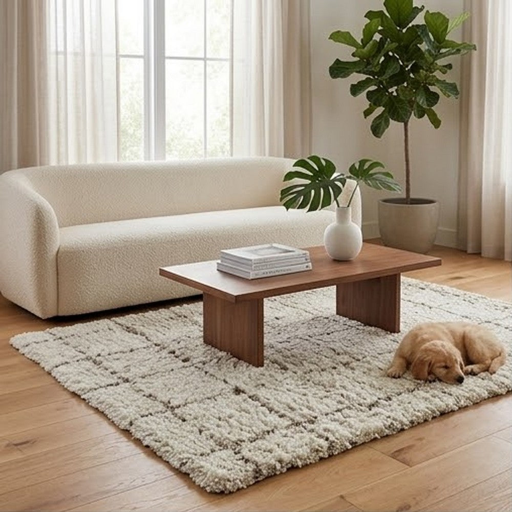 Wreno 8x10 Large Shag Area Rug with Cream Gridwork Pattern | Brown PET