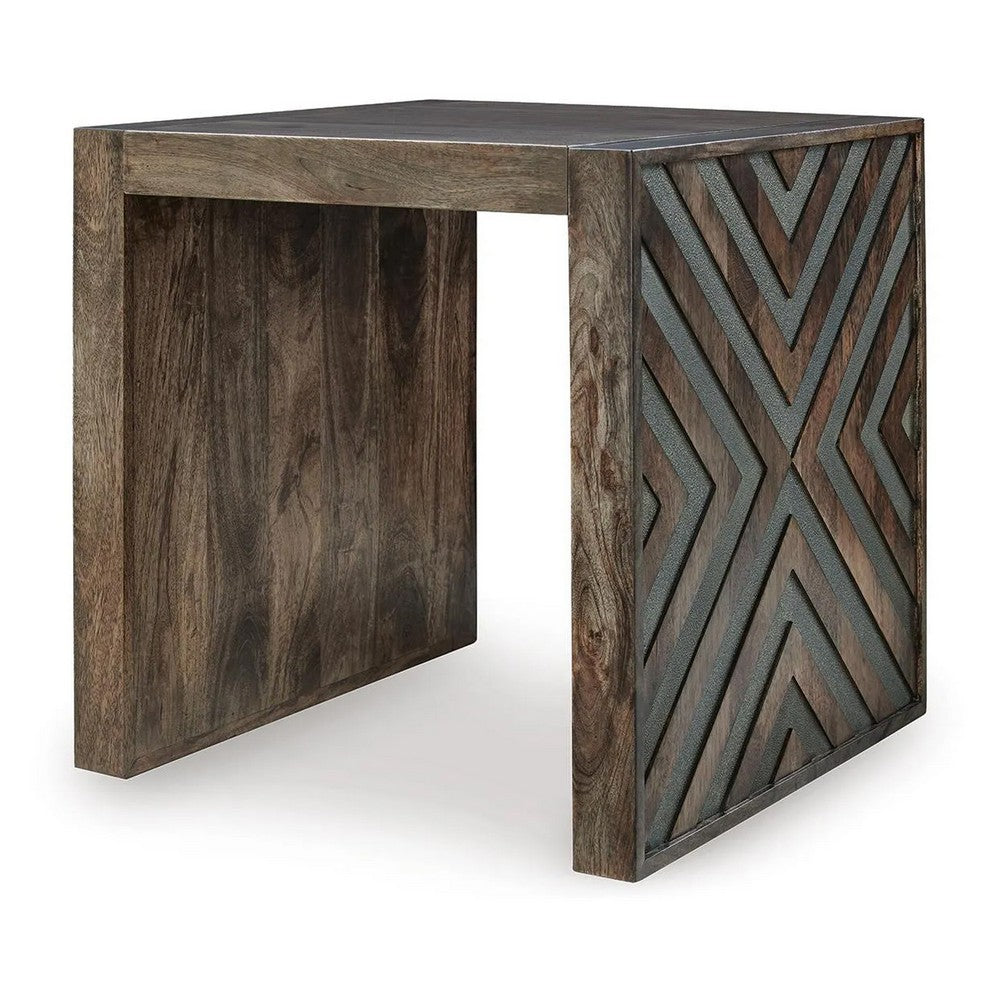 Dreg Side End Table with Chevron Design Panel | Rustic Brown Wood 24"