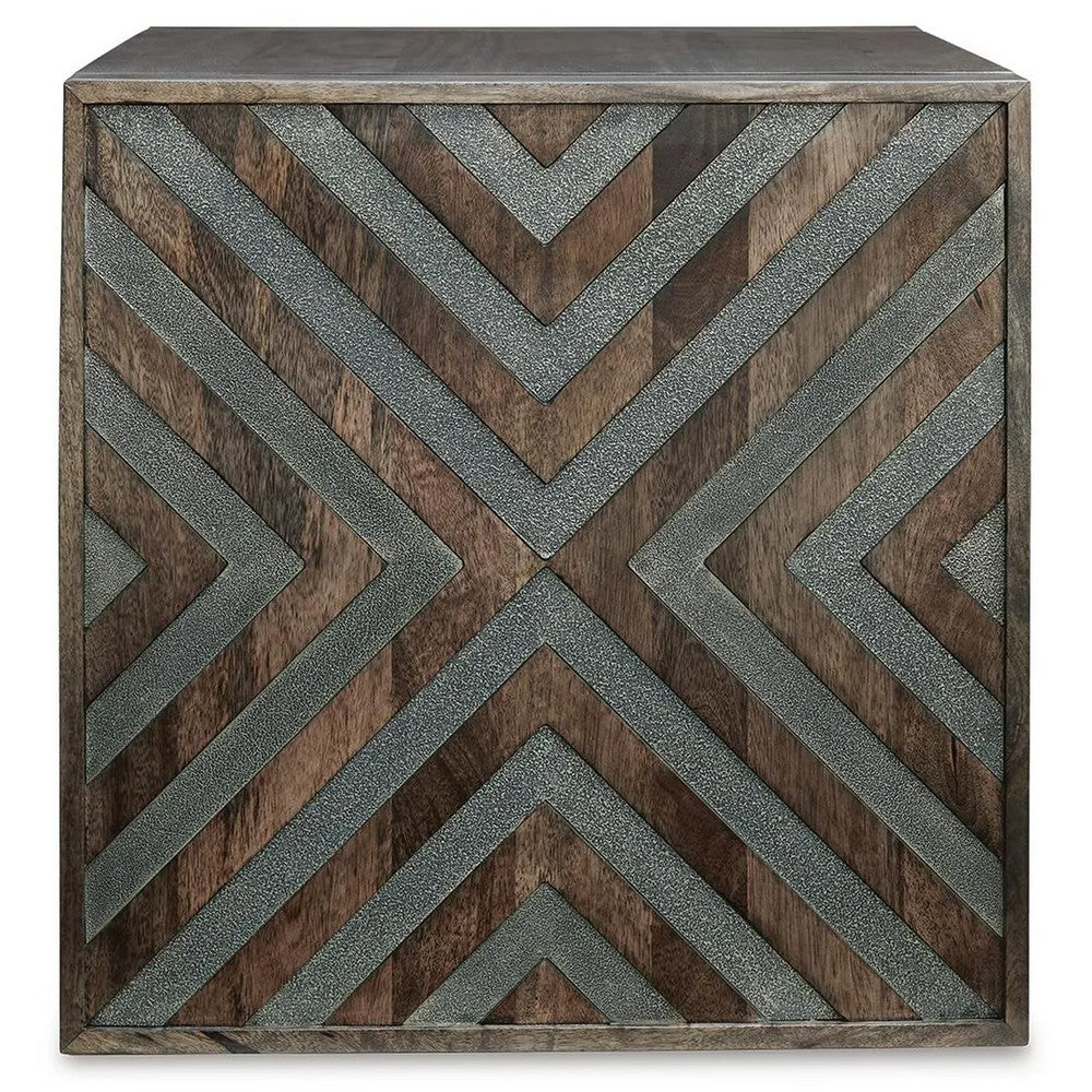 Dreg Side End Table with Chevron Design Panel | Rustic Brown Wood 24"