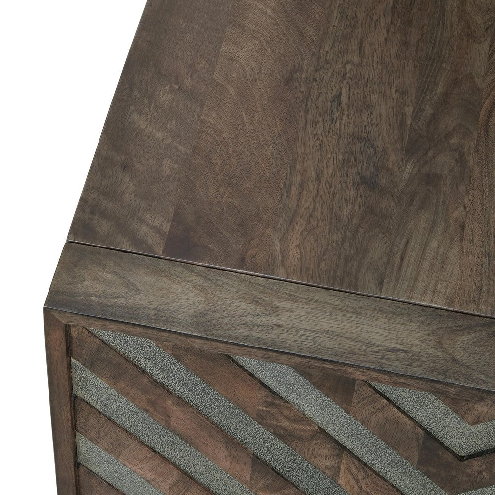 Dreg Side End Table with Chevron Design Panel | Rustic Brown Wood 24"