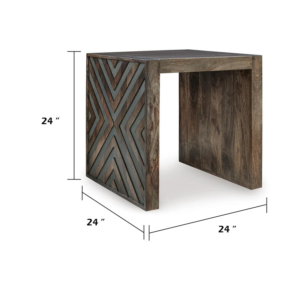 Dreg Side End Table with Chevron Design Panel | Rustic Brown Wood 24"