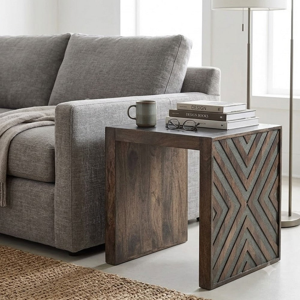 Dreg Side End Table with Chevron Design Panel | Rustic Brown Wood 24"
