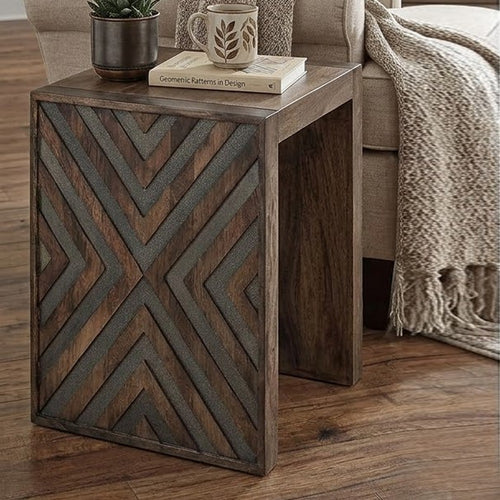 Dreg Side End Table with Chevron Design Panel | Rustic Brown Wood 24"