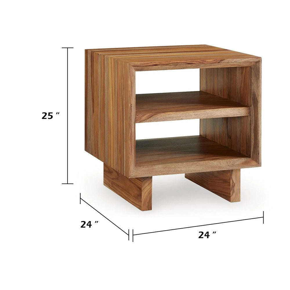 Donni Square Side End Table | Dual Open Shelves | Natural Brown Wood 24"