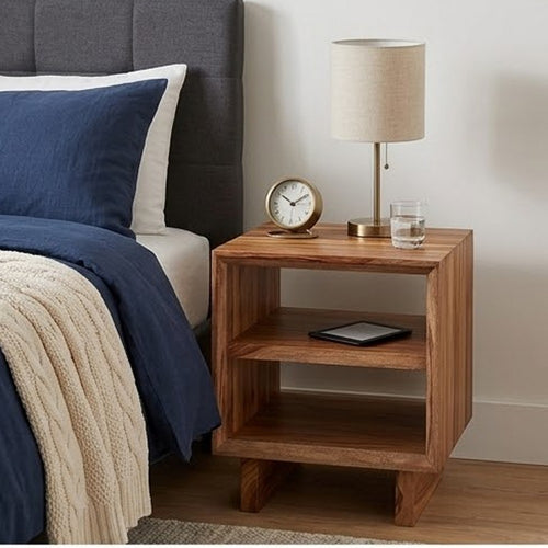 Donni Square Side End Table | Dual Open Shelves | Natural Brown Wood 24"
