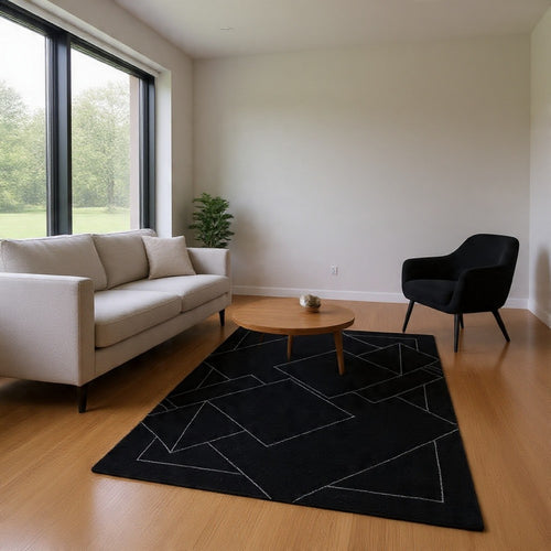 Maro Large Area Rug | Geometric Design | Low Pile | Black & White Wool 8x10