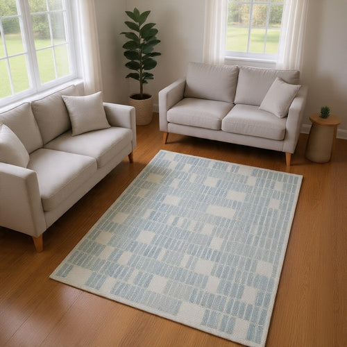 Dyni Large Area Rug | Geometric | Coastal Blue & Ivory Wool Polyester 8x10