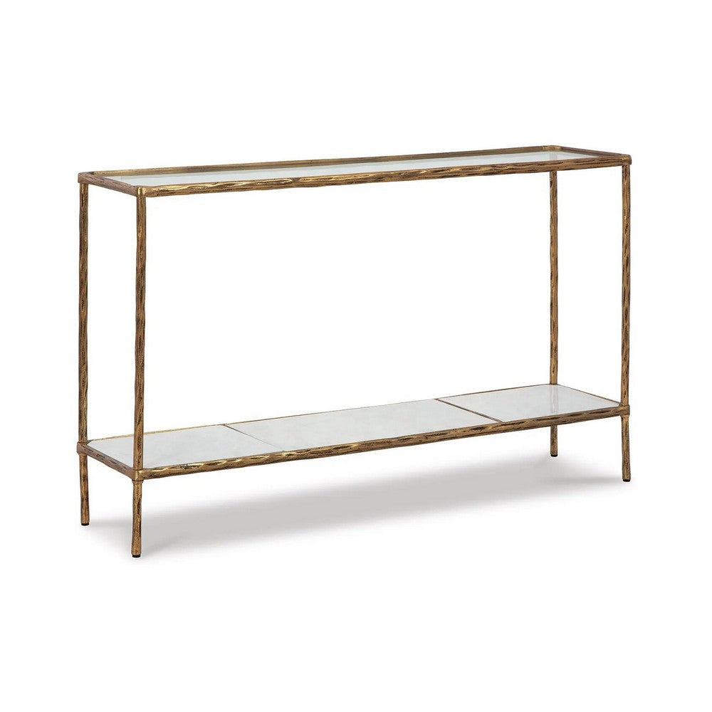 Dalie Sofa Console Table | Glass Top | Marble Shelf | Antique Brass 52"