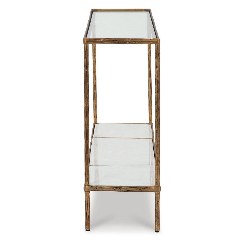 Dalie Sofa Console Table | Glass Top | Marble Shelf | Antique Brass 52"