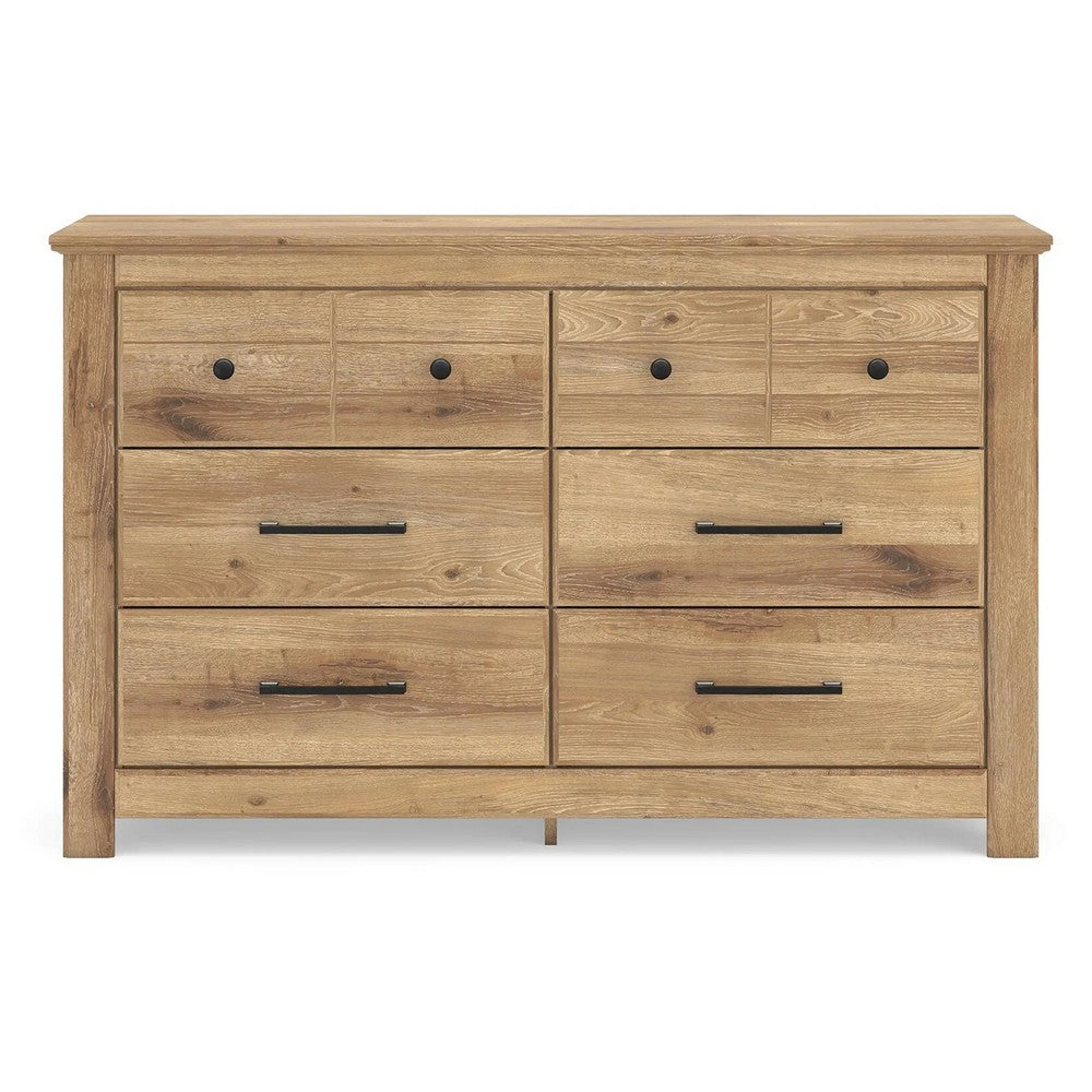 Maki 6 Drawer Wide Dresser | Bronze Hardware | Tan Brown Cottage Finish