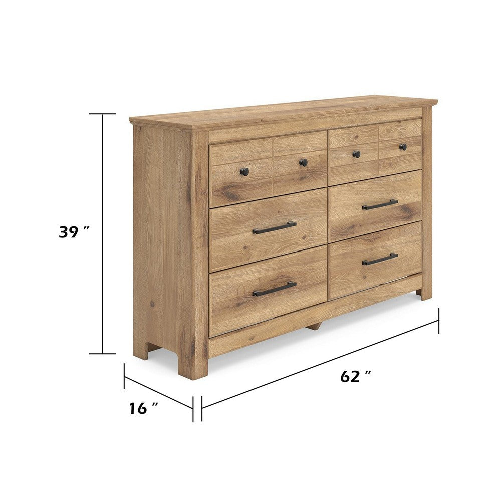 Maki 6 Drawer Wide Dresser | Bronze Hardware | Tan Brown Cottage Finish