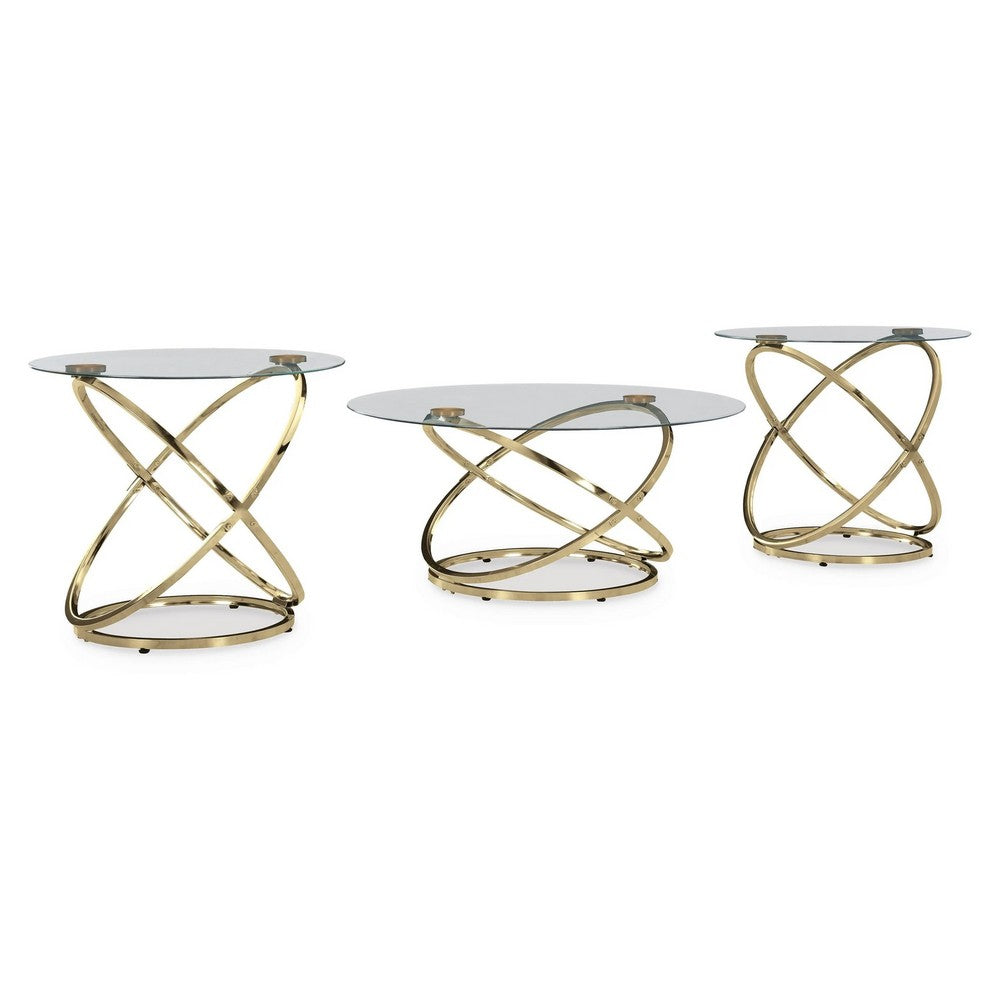Moti 3pc Coffee Table & 2 End Table Set | Glass Top | Champagne Gold