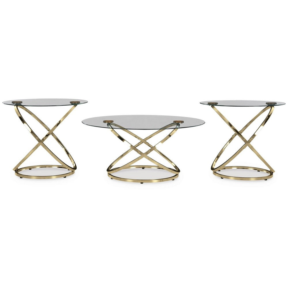 Moti 3pc Coffee Table & 2 End Table Set | Glass Top | Champagne Gold