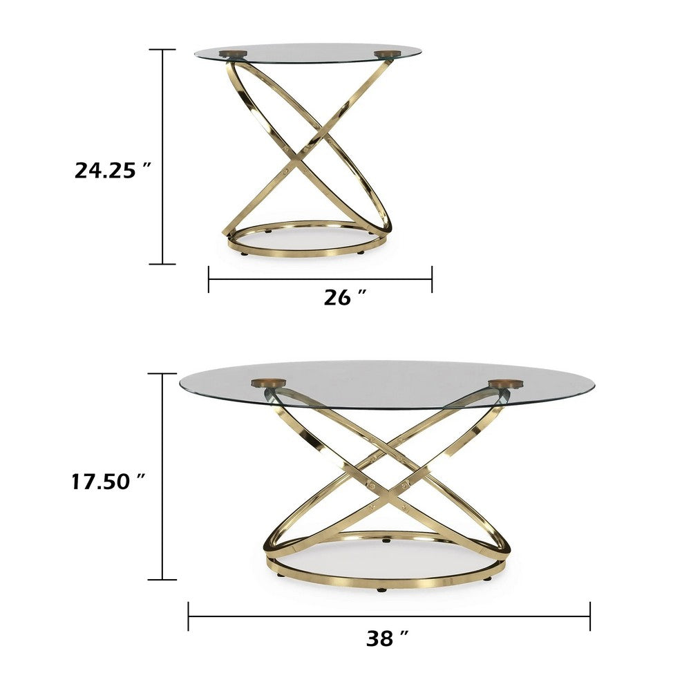 Moti 3pc Coffee Table & 2 End Table Set | Glass Top | Champagne Gold