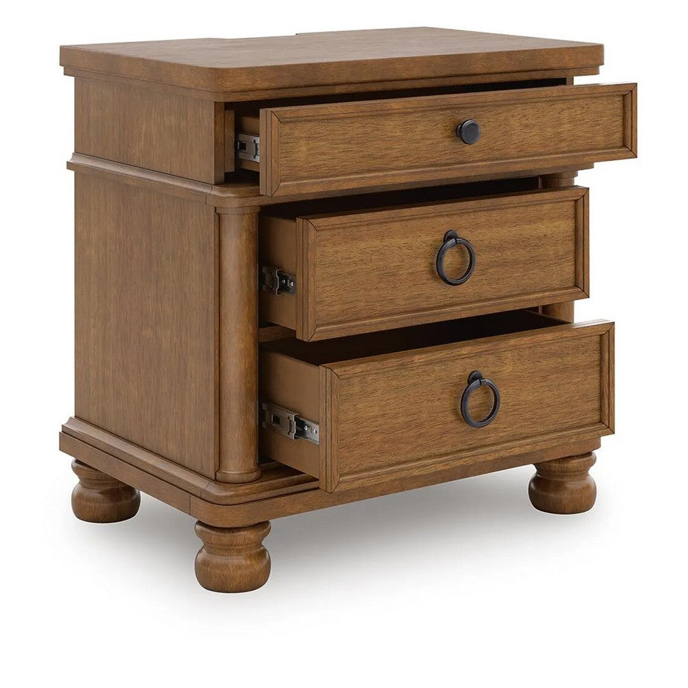 Rowy Oversized Nightst& for Bedroom | USB Ports | 3 Drawers | Medium Brown