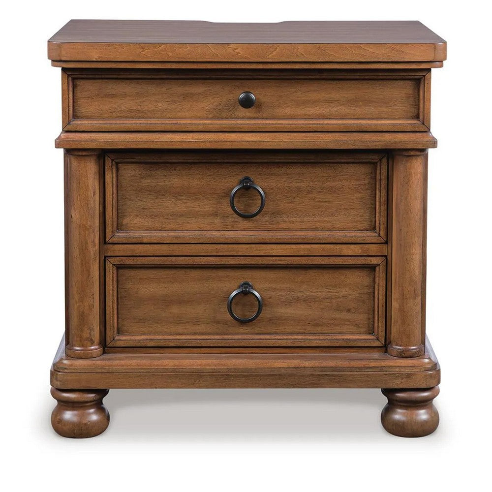 Rowy Oversized Nightst& for Bedroom | USB Ports | 3 Drawers | Medium Brown