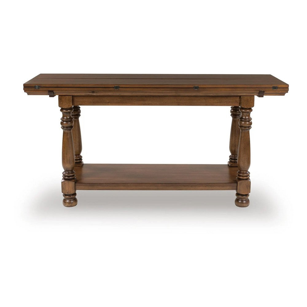 Beca Sofa Console Table | 60" Hinged Flip Top | Lower Shelf | Brown