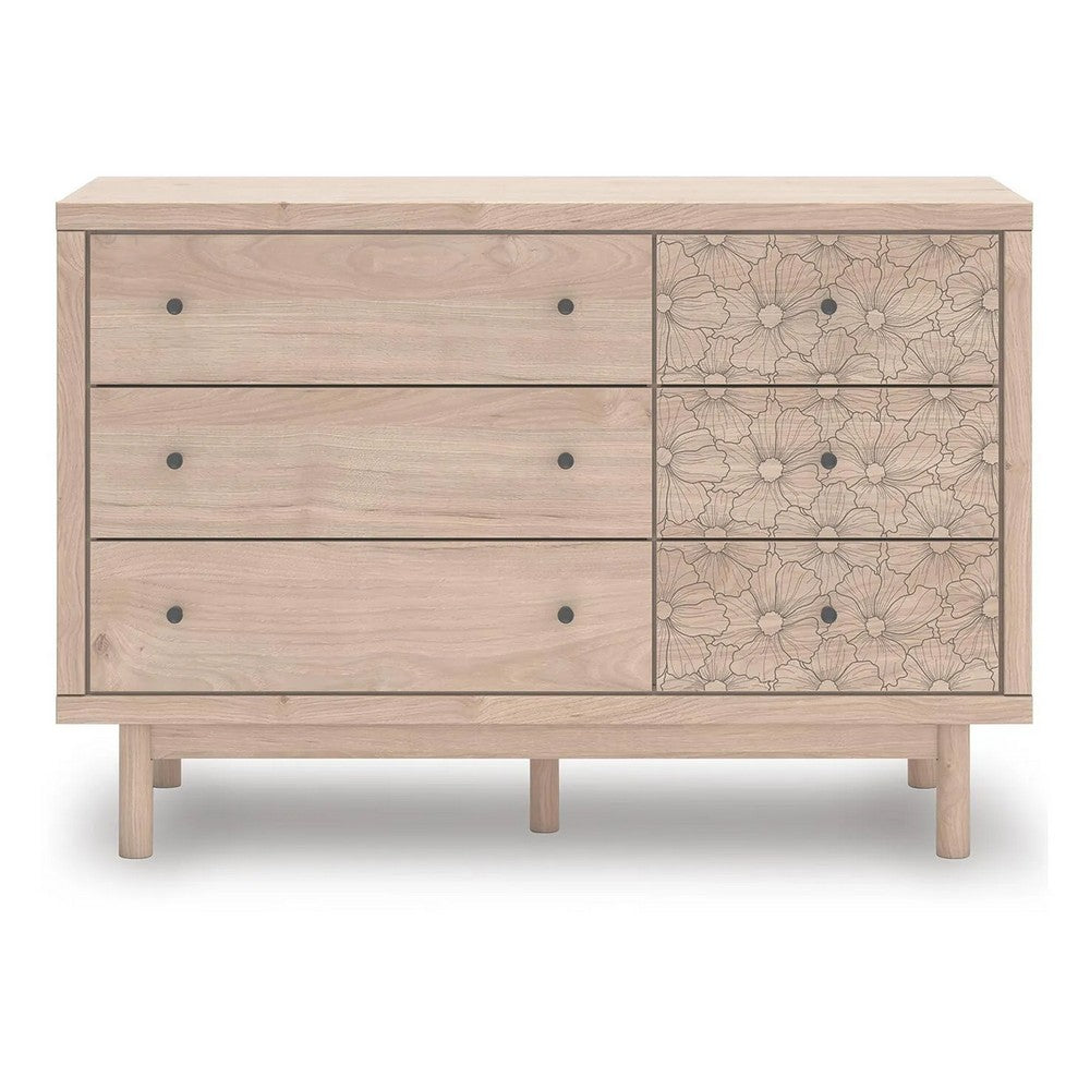 Rox 51" Dresser | 6 Drawers | Floral Accent Fronts | Black Knobs | Tan