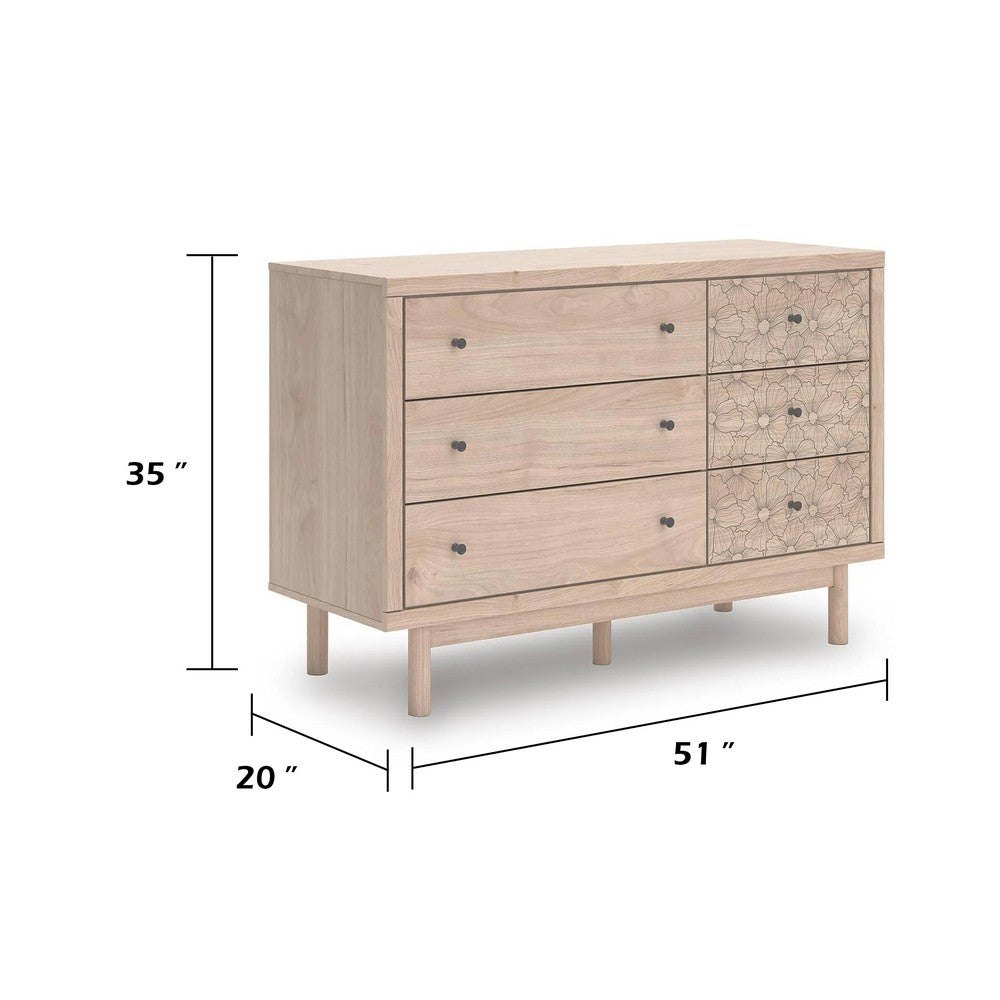 Rox 51" Dresser | 6 Drawers | Floral Accent Fronts | Black Knobs | Tan