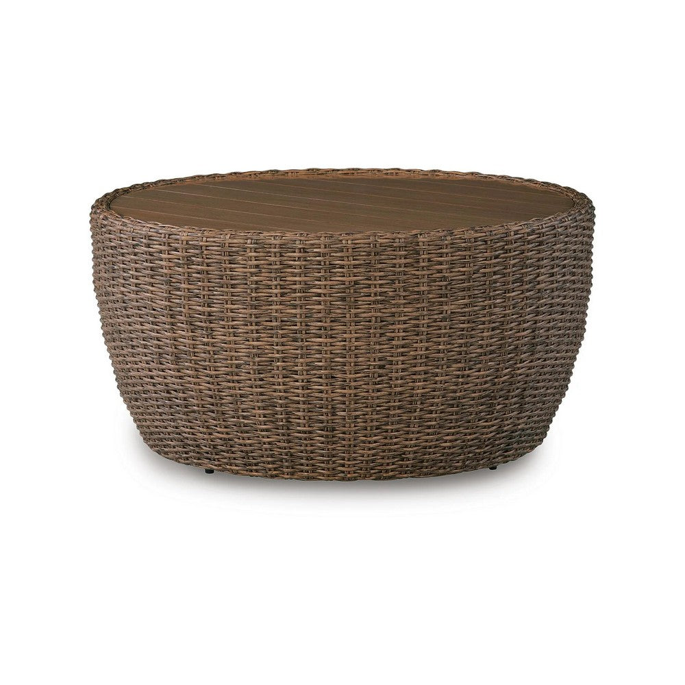 Dyan Outdoor Coffee Table | 36" Round Drum | Brown Beige Woven Wicker