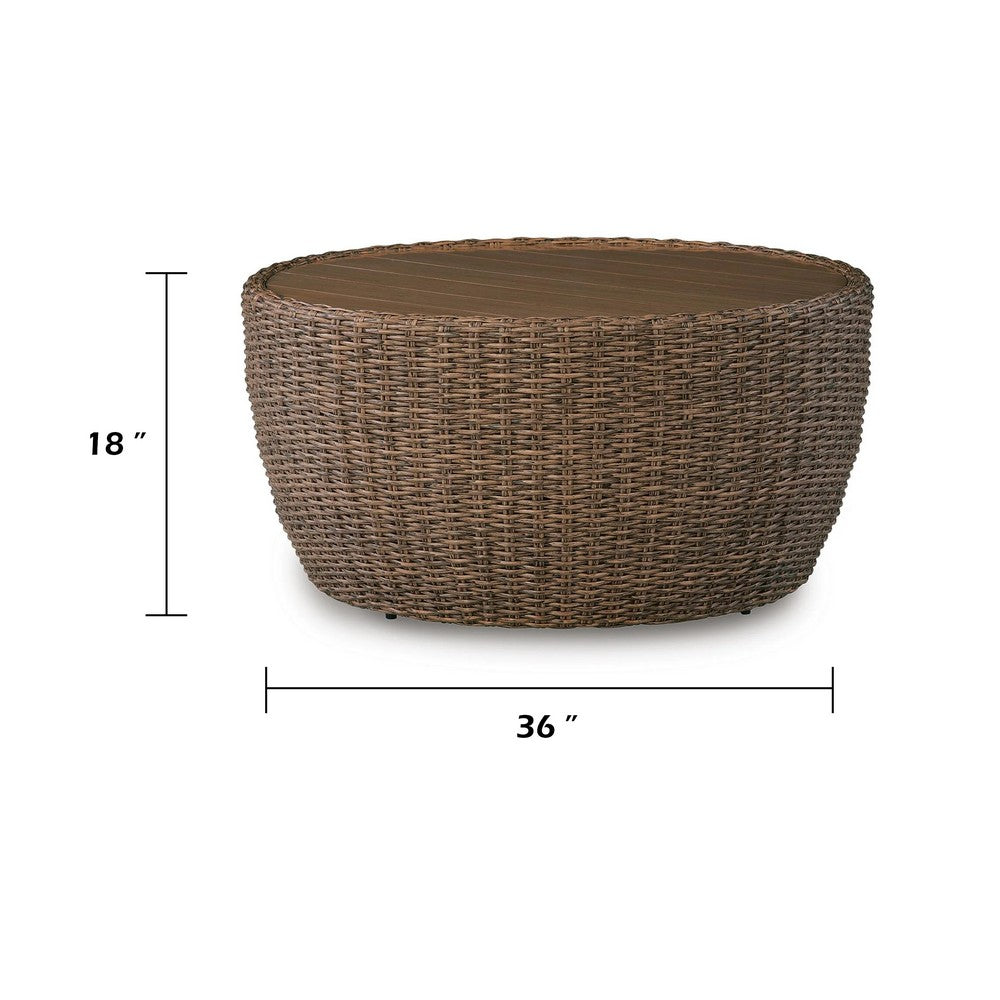 Dyan Outdoor Coffee Table | 36" Round Drum | Brown Beige Woven Wicker