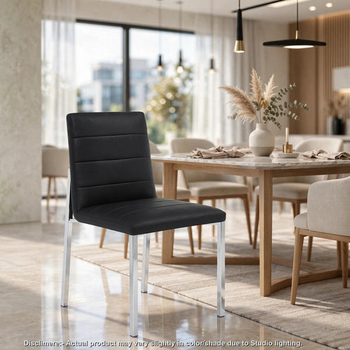 Eun Dining Side Chair | Foam Fill | Channeled Black Faux Leather | Chrome