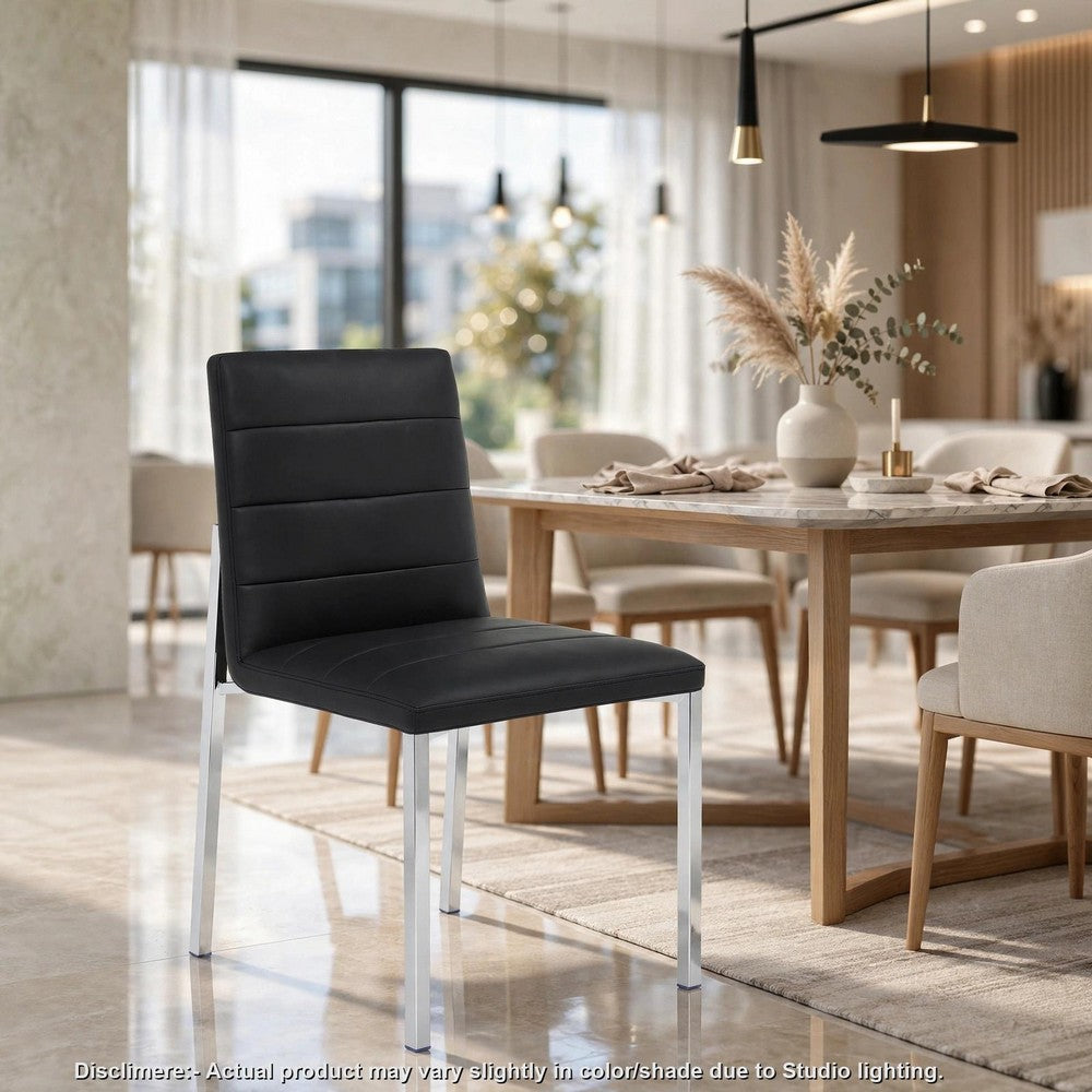 Eun Dining Side Chair | Foam Fill | Channeled Black Faux Leather | Chrome
