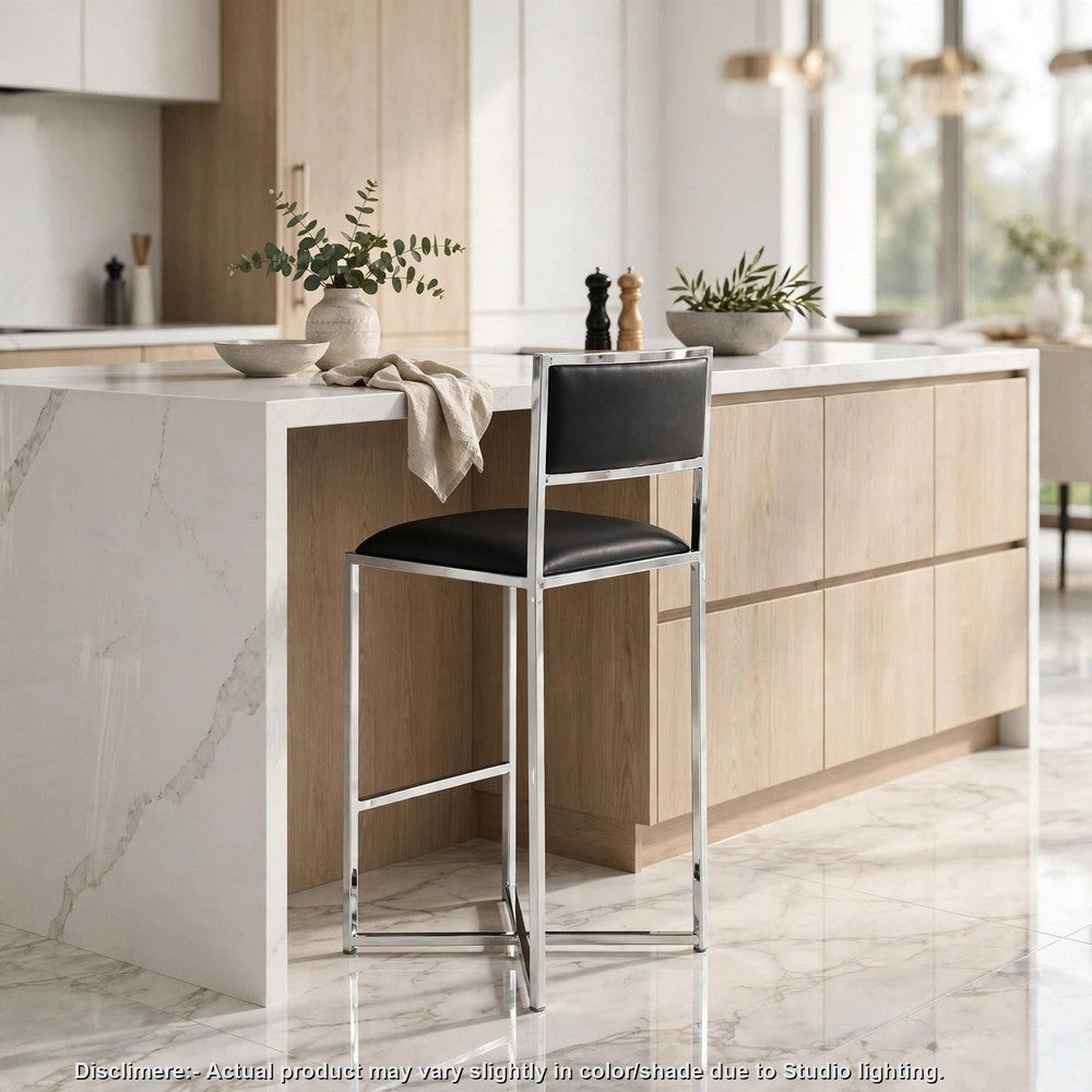 Eun Barstool Chair | X-Cross Base | Chrome Steel Frame | Black Faux Leather