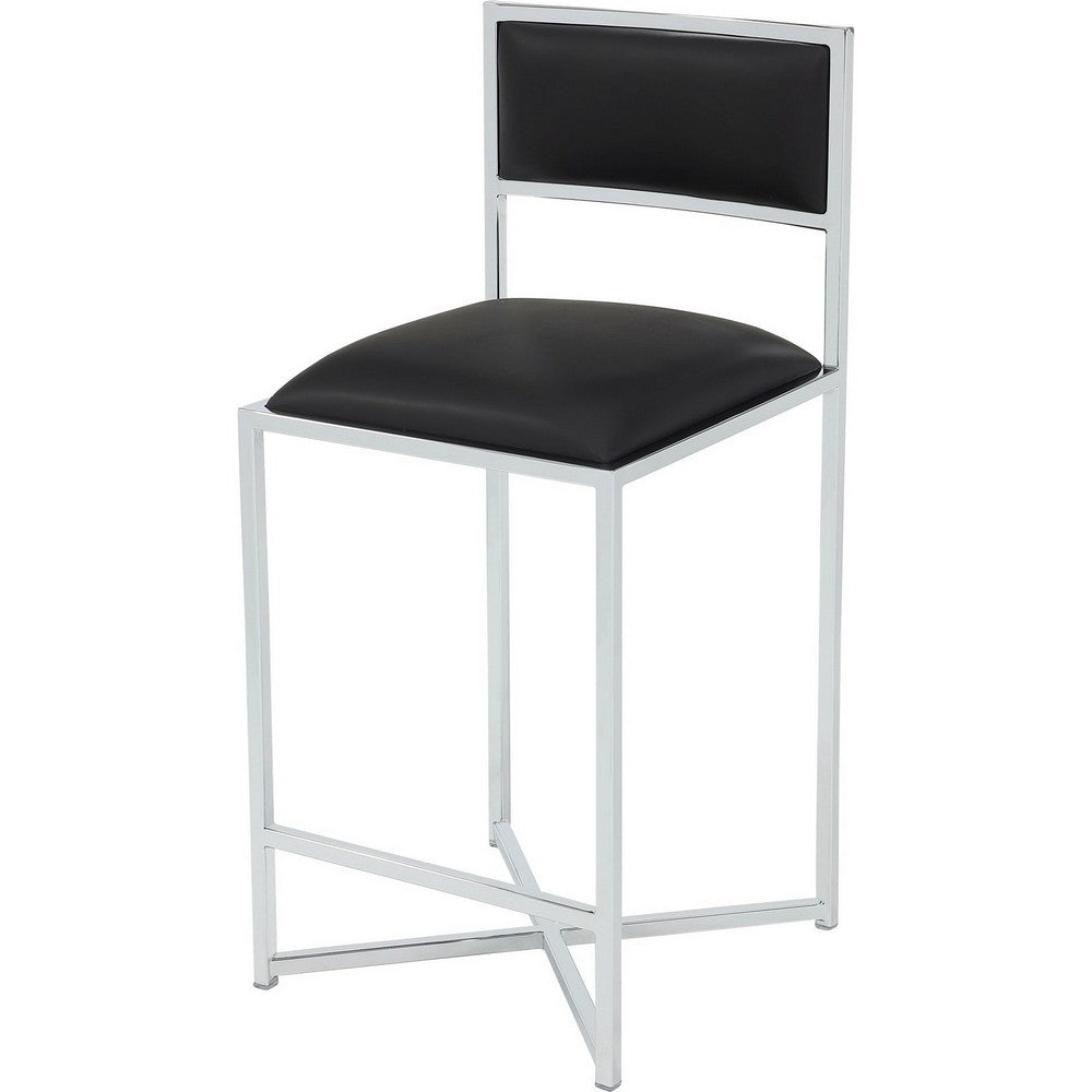 Eun Counter-Height Stool Chair w X-Base | Chrome Steel | Black Faux Leather