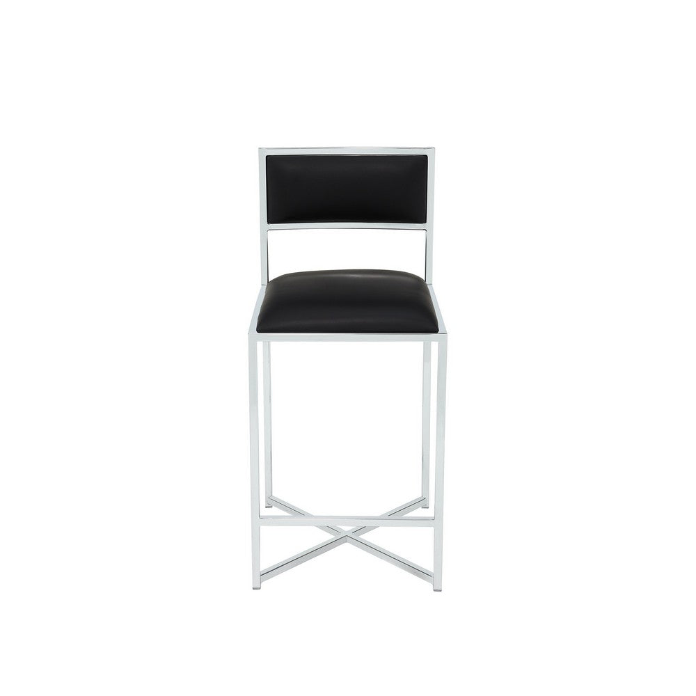 Eun Counter-Height Stool Chair w X-Base | Chrome Steel | Black Faux Leather