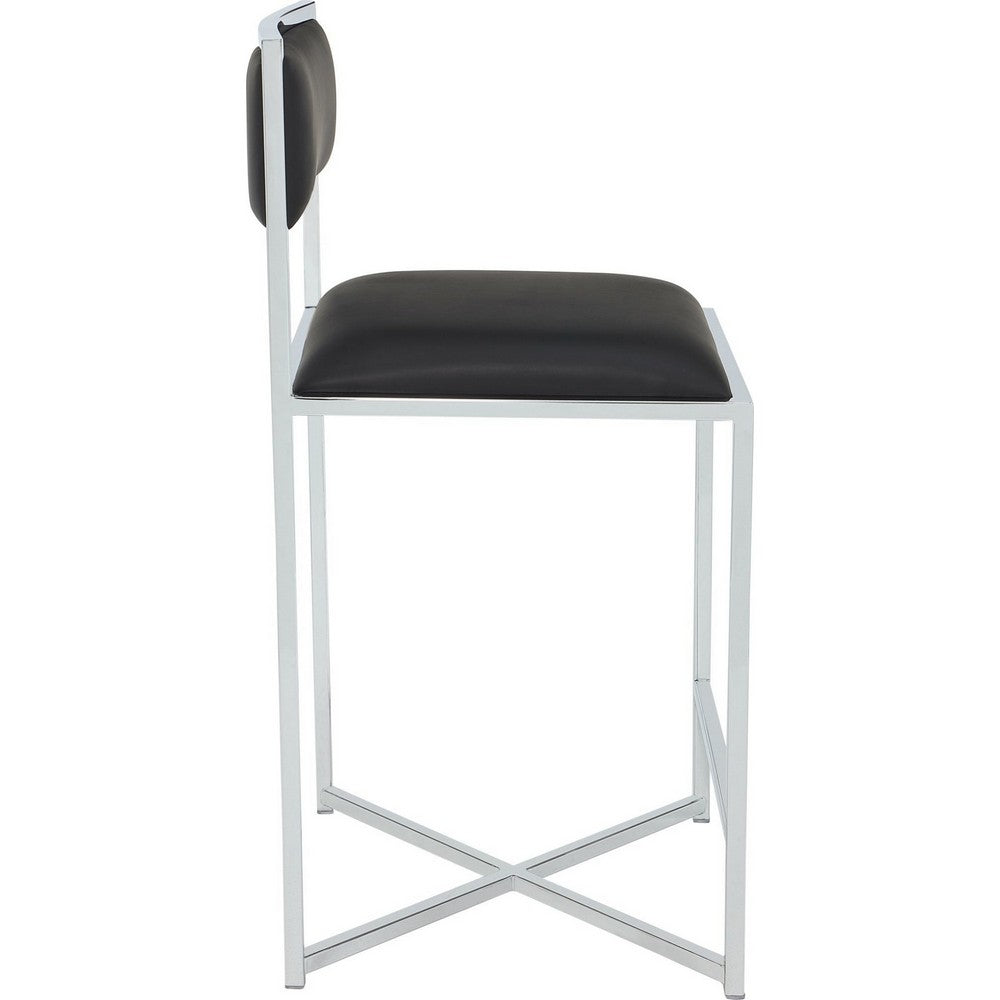 Eun Counter-Height Stool Chair w X-Base | Chrome Steel | Black Faux Leather