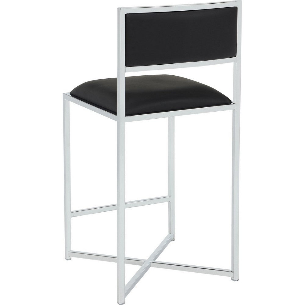 Eun Counter-Height Stool Chair w X-Base | Chrome Steel | Black Faux Leather