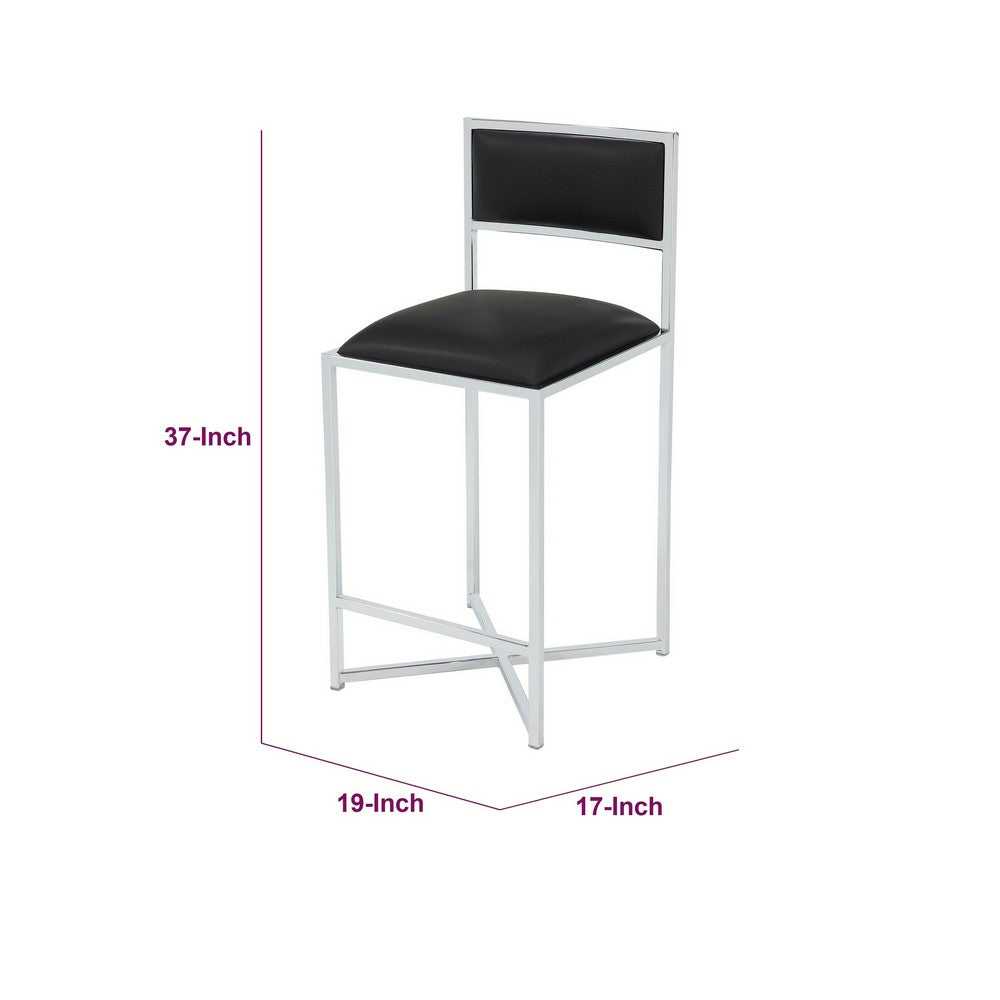 Eun Counter-Height Stool Chair w X-Base | Chrome Steel | Black Faux Leather