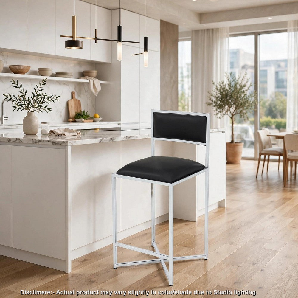 Eun Counter-Height Stool Chair w X-Base | Chrome Steel | Black Faux Leather